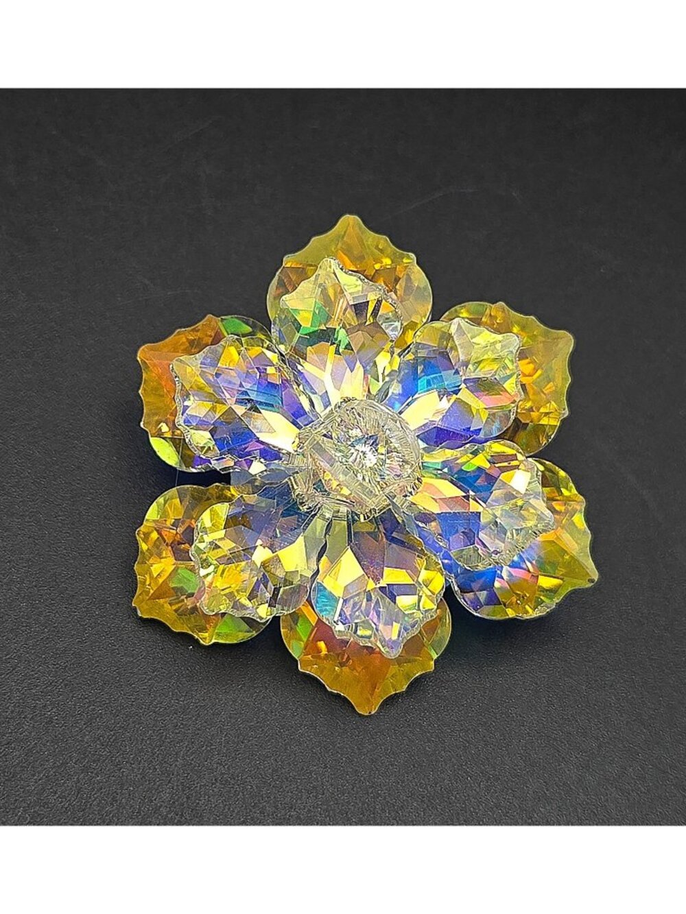 Vintage Aurora Borealis Crystal Flower Brooch Pin Yellow Iridescent Faceted Desi